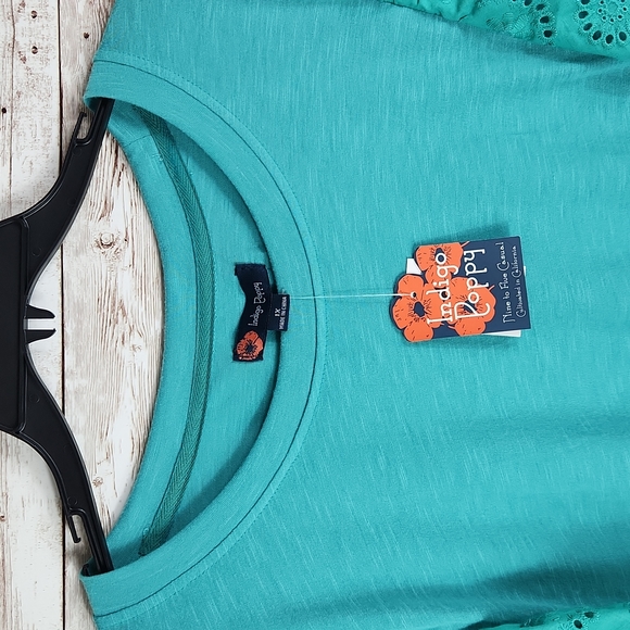 NWT, Indigo Poppy, Women's Teal top, short laced sleeves, with ruffle hemline. S - Picture 4 of 8